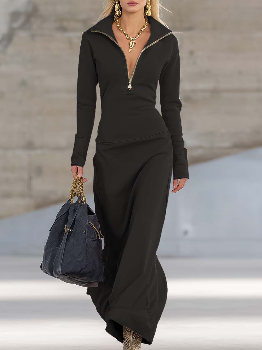 Valeria – Elegáns retro sport maxi ruha V-nyakkal és cipzárral