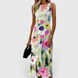 Karmina – Akvarell Virágos Ujjatlan Midi Nyári Ruha