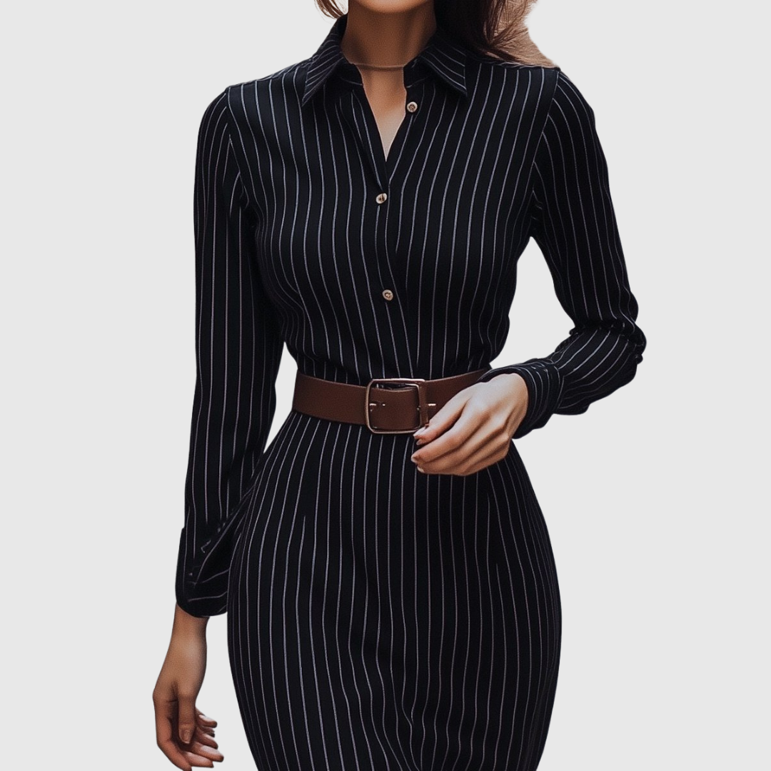 Tatjána – Fekete Fine Stripe Midi ing ruha