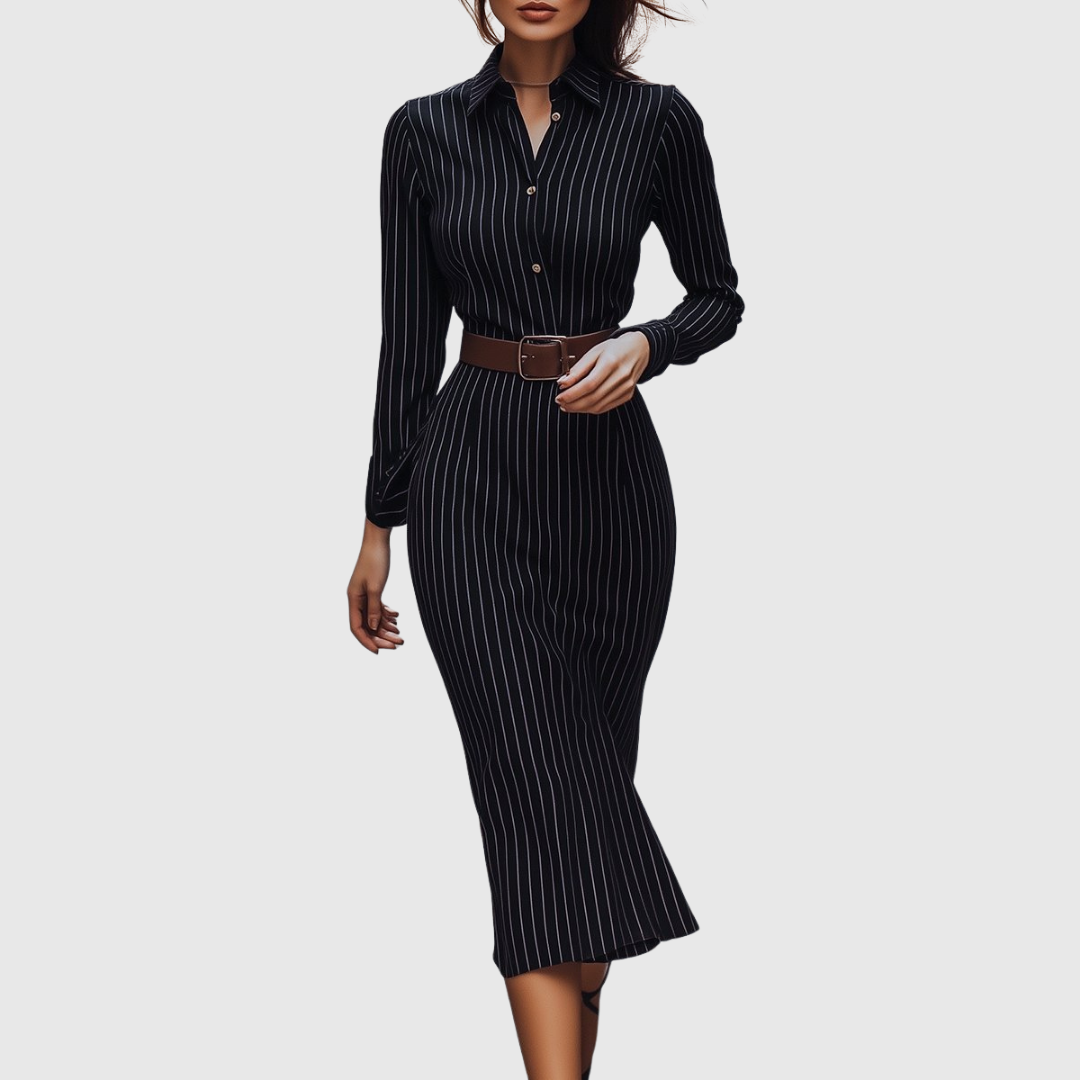 Tatjána – Fekete Fine Stripe Midi ing ruha
