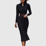 Tatjána – Fekete Fine Stripe Midi ing ruha