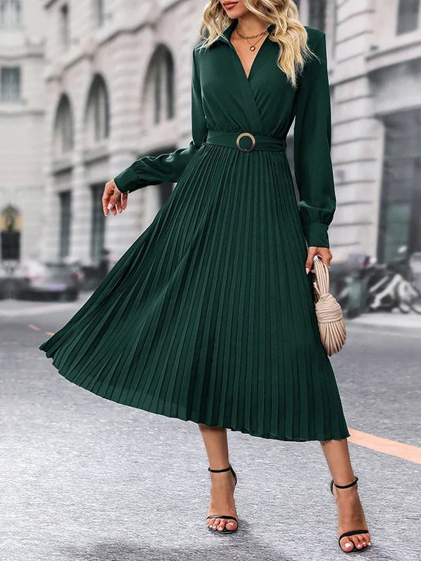 Elina – Elegáns, hosszú ujjú, redőzött női Midi ruha