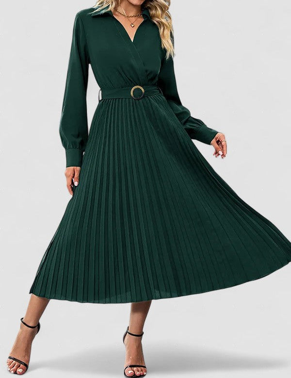 Elina – Elegáns, hosszú ujjú, redőzött női Midi ruha