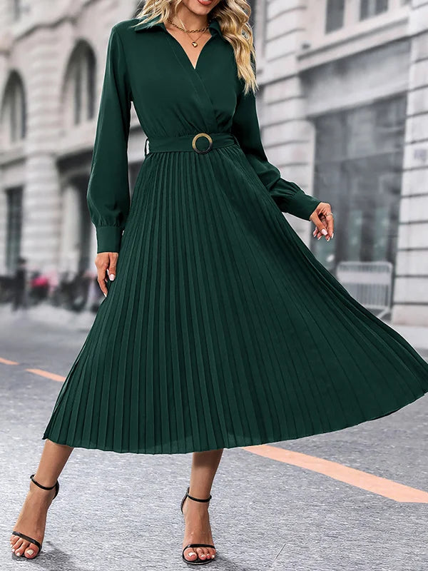 Elina – Elegáns, hosszú ujjú, redőzött női Midi ruha