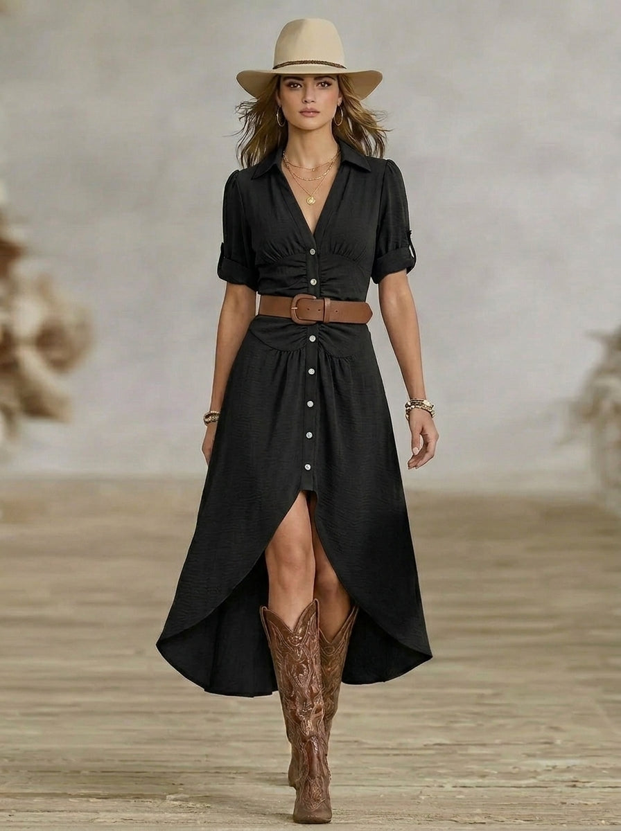 Szanziána – Western-Boho Maxi ruha övvel és elülső gombokkal