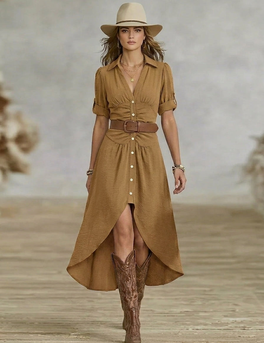 Szanziána – Western-Boho Maxi ruha övvel és elülső gombokkal