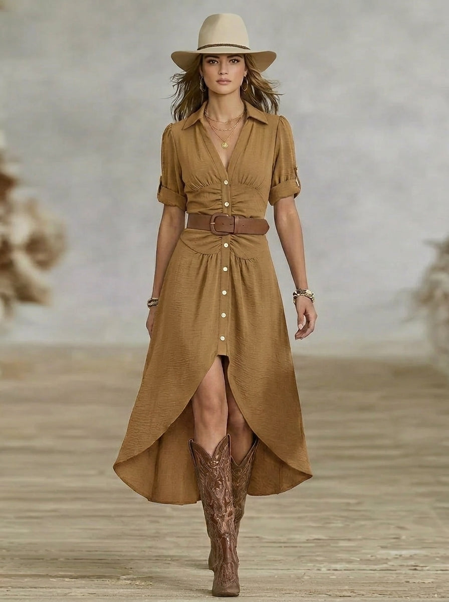 Szanziána – Western-Boho Maxi ruha övvel és elülső gombokkal