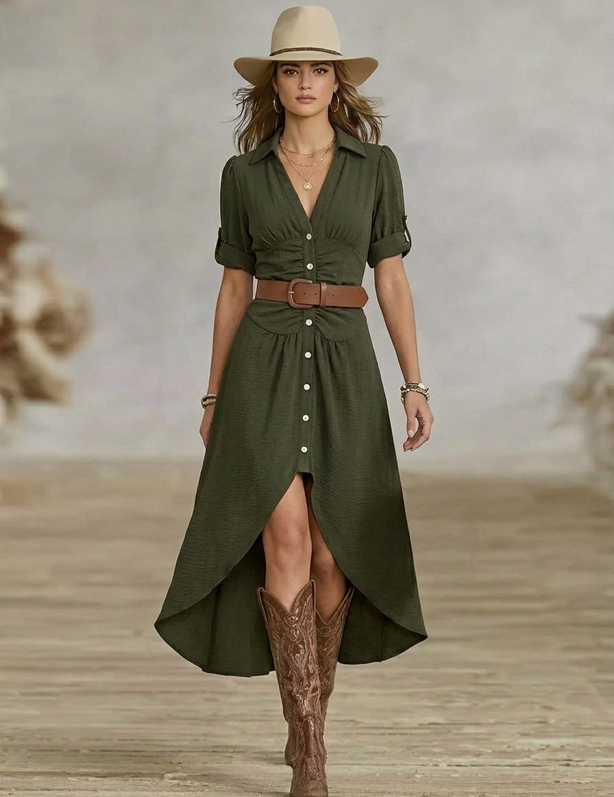 Szanziána – Western-Boho Maxi ruha övvel és elülső gombokkal
