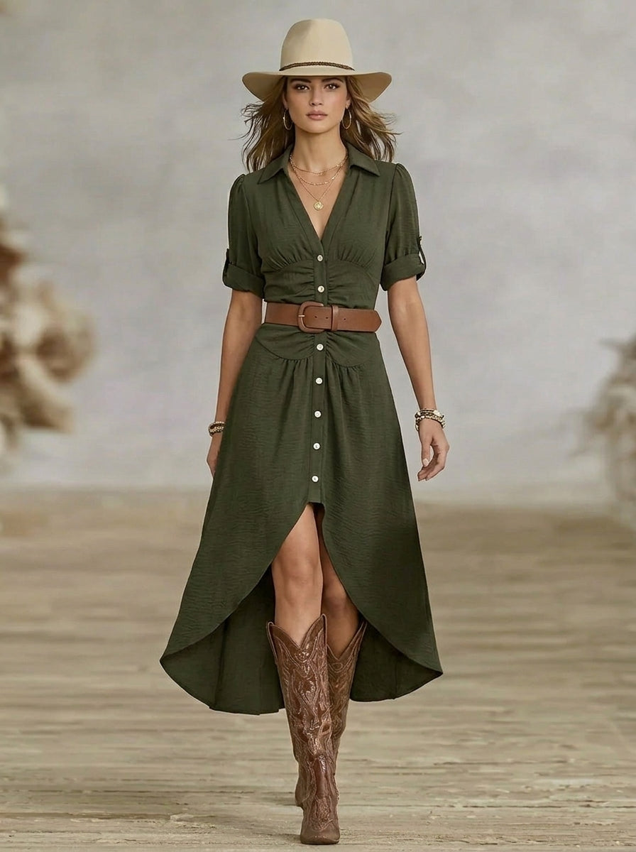 Szanziána – Western-Boho Maxi ruha övvel és elülső gombokkal