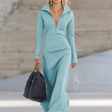 Valeria – Elegáns retro sport maxi ruha V-nyakkal és cipzárral