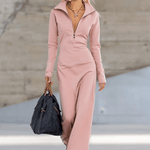 Valeria – Elegáns retro sport maxi ruha V-nyakkal és cipzárral