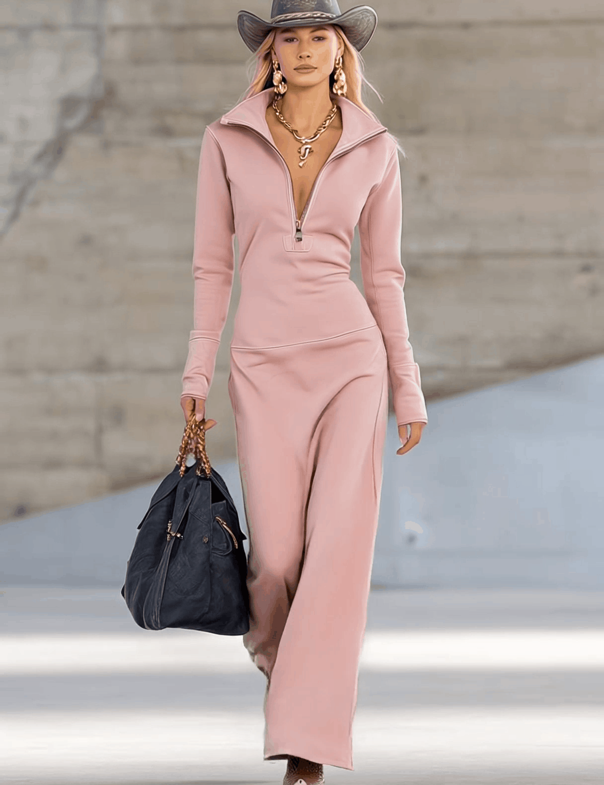 Valeria – Elegáns retro sport maxi ruha V-nyakkal és cipzárral