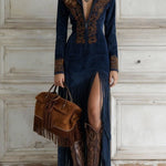 Valentina – Hosszú nyugati stílusú ruha fél cipzárral, hímzéssel és rojtokkal